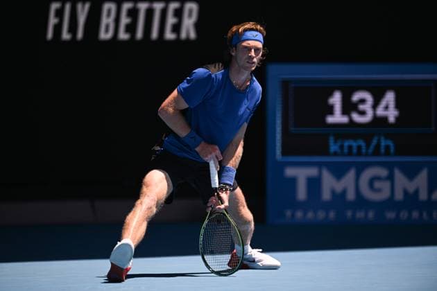 Mandatory Credit: Photo by James Gourley Shutterstock (13728737bn) Andrey Rublev reacts during his third round match Australian Open, Day Six, Tennis, Melbourne Park, Melbourne, Australia - 21 Jan 2023 Australian Open, Day Six, Tennis, Melbourne Park, Melbourne, Australia - 21 Jan 2023 Copyright: xJamesxGourley Shutterstockx 13728737bn