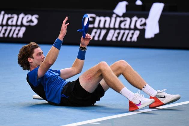 Mandatory Credit: Photo by James Gourley Shutterstock (13729780fb) Andrey Rublev celebrates victory after winning his fourth round match Australian Open, Day Eight, Tennis, Melbourne Park, Melbourne, Australia - 23 Jan 2023 Australian Open, Day Eight, Tennis, Melbourne Park, Melbourne, Australia - 23 Jan 2023 Copyright: xJamesxGourley Shutterstockx 13729780fb
