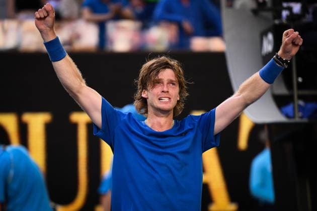 Mandatory Credit: Photo by James Gourley Shutterstock (13729780ev) Andrey Rublev celebrates victory after winning his fourth round match Australian Open, Day Eight, Tennis, Melbourne Park, Melbourne, Australia - 23 Jan 2023 Australian Open, Day Eight, Tennis, Melbourne Park, Melbourne, Australia - 23 Jan 2023 Copyright: xJamesxGourley Shutterstockx 13729780ev