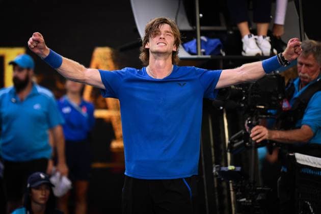 Mandatory Credit: Photo by James Gourley Shutterstock (13729780ey) Andrey Rublev celebrates victory after winning his fourth round match Australian Open, Day Eight, Tennis, Melbourne Park, Melbourne, Australia - 23 Jan 2023 Australian Open, Day Eight, Tennis, Melbourne Park, Melbourne, Australia - 23 Jan 2023 Copyright: xJamesxGourley Shutterstockx 13729780ey