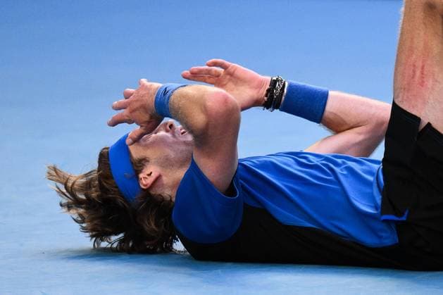 Mandatory Credit: Photo by James Gourley Shutterstock (13729780ep) Andrey Rublev celebrates victory after winning his fourth round match Australian Open, Day Eight, Tennis, Melbourne Park, Melbourne, Australia - 23 Jan 2023 Australian Open, Day Eight, Tennis, Melbourne Park, Melbourne, Australia - 23 Jan 2023 Copyright: xJamesxGourley Shutterstockx 13729780ep