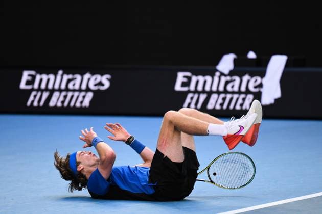 Mandatory Credit: Photo by James Gourley Shutterstock (13729780es) Andrey Rublev celebrates victory after winning his fourth round match Australian Open, Day Eight, Tennis, Melbourne Park, Melbourne, Australia - 23 Jan 2023 Australian Open, Day Eight, Tennis, Melbourne Park, Melbourne, Australia - 23 Jan 2023 Copyright: xJamesxGourley Shutterstockx 13729780es