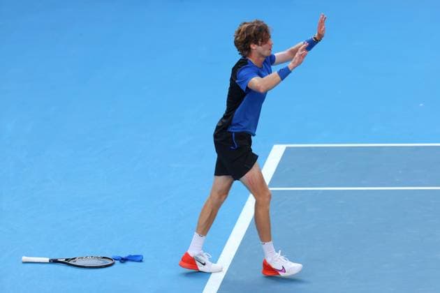 Mandatory Credit: Photo by Ella Ling Shutterstock (13729779by) Andrey Rublev of Russia celebrates Australian Open, Day Eight, Tennis, Melbourne Park, Melbourne, Australia - 23 Jan 2023 Australian Open, Day Eight, Tennis, Melbourne Park, Melbourne, Australia - 23 Jan 2023 Copyright: xEllaxLing Shutterstockx 13729779by