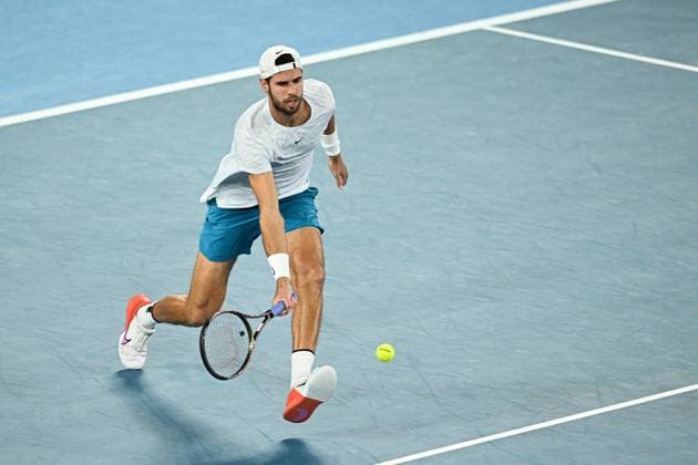 Mandatory Credit: Photo by James Gourley Shutterstock (13729783cf) Karen Khachanov in action during his Quarter Final Match Australian Open, Day Nine, Tennis, Melbourne Park, Melbourne, Australia - 24 Jan 2023 Australian Open, Day Nine, Tennis, Melbourne Park, Melbourne, Australia - 24 Jan 2023 Copyright: xJamesxGourley Shutterstockx 13729783cf