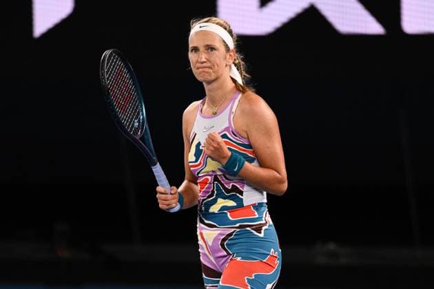 Mandatory Credit: Photo by James Gourley Shutterstock (13729783cg) Victoria Azarenka celebrates victory after winning her Quarter Final Match Australian Open, Day Nine, Tennis, Melbourne Park, Melbourne, Australia - 24 Jan 2023 Australian Open, Day Nine, Tennis, Melbourne Park, Melbourne, Australia - 24 Jan 2023 Copyright: xJamesxGourley Shutterstockx 13729783cg
