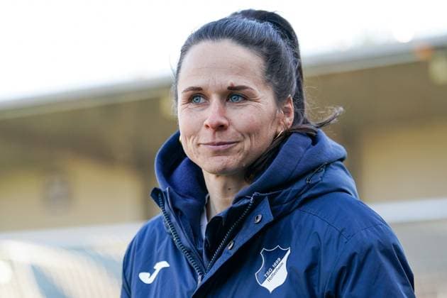 Nadine Rolser coach, TSG , single image, single photo, action, action, portrait, portrait, joy, happy, glad, friendly, cheerful, happy, beaming, optimistic, 12 02 2023, Sinsheim Hoffenheim Germany , Football, Flyeralarm Women Bundesliga, TSG 1899 Hoffenheim 1 FC Köln, 12 02 2023, Sinsheim Hoffenheim Germany , Football, Flyeralarm Frauen Bundesliga, TSG 1899 Hoffenheim 1 FC Köln, DFB DFL REGULATES PROHIBIT ANY USE OF PHOTOGRAPHS AS IMAGE SEQUENCES AND OR QUASI VIDEO xozx
