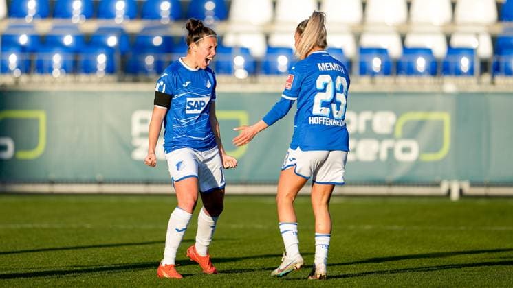 f li Goal scorer Nicole Billa TSG, 16 , Ereleta Memeti TSG, 23 , players of TSG 1899 Hoffenheim, jubilate over the goal to 1 0, jubilation, goal celebration, celebrate the goal, goal, celebration, jubilation over the goal, optimistic, game scene, highlight, action, action, 12 02 2023, Sinsheim Hoffenheim Germany , Football, Flyeralarm Womens Bundesliga, TSG 1899 Hoffenheim 1 FC Köln, 12 02 2023, Sinsheim Hoffenheim Germany , Football, Flyeralarm Womens Bundesliga, TSG 1899 Hoffenheim 1 FC Köln, DFB DFL REGULATES PROHIBIT ANY USE OF PHOTOGRAPHS AS IMAGE SEQUENCES AND OR QUASI VIDEO xozx