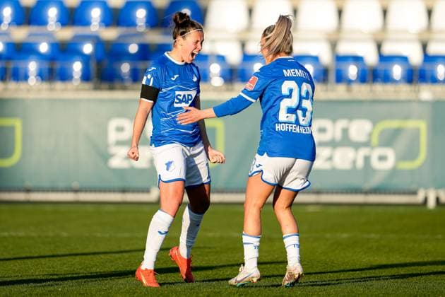 f li Goal scorer Nicole Billa TSG, 16 , Ereleta Memeti TSG, 23 , players of TSG 1899 Hoffenheim, jubilate over the goal to 1 0, jubilation, goal celebration, celebrate the goal, goal, celebration, jubilation over the goal, optimistic, game scene, highlight, action, action, 12 02 2023, Sinsheim Hoffenheim Germany , Football, Flyeralarm Womens Bundesliga, TSG 1899 Hoffenheim 1 FC Köln, 12 02 2023, Sinsheim Hoffenheim Germany , Football, Flyeralarm Womens Bundesliga, TSG 1899 Hoffenheim 1 FC Köln, DFB DFL REGULATES PROHIBIT ANY USE OF PHOTOGRAPHS AS IMAGE SEQUENCES AND OR QUASI VIDEO xozx