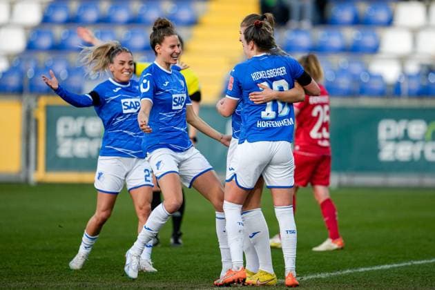 f l Ereleta Memeti TSG, 23 , Franziska Harsch TSG, 17 , goal scorer Melissa Kössler TSG, 25 , Julia Hickelsberger Hickelsberger Füller, TSG, 18 , players of TSG 1899 Hoffenheim, jubilate about the goal to 2 0, jubilation, goal jubilation, goal success, celebrate the goal, goal, celebration, jubilation about the goal, optimistic, game scene, highlight, Action, Action, 12 02 2023, Sinsheim Hoffenheim Germany , Football, Flyeralarm Frauen Bundesliga, TSG 1899 Hoffenheim 1 FC Köln, 12 02 2023, Sinsheim Hoffenheim Germany , Football, Flyeralarm Frauen Bundesliga, TSG 1899 Hoffenheim 1 FC Köln, DFB DFL REGULATES PROHIBIT ANY USE OF PHOTOGRAPHS AS IMAGE SEQUENCES AND OR QUASI VIDEO xozx