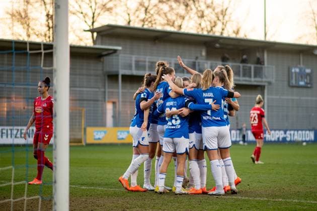 Melissa Koessler TSG Hoffenheim, 25 , Ereleta Memeti TSG Hoffenheim, 23 , Chantal Hagel TSG Hoffenheim, 07 , Julia Hickelsberger TSG Hoffenheim, 18 and team cheer over goal to 2 0, GER, TSG 1899 Hoffenheim vs 1 FC Koeln, Football Flyeralarm Womens Bundesliga, 12 match day, season 2022 2023, 12 02 2023 GER, TSG 1899 Hoffenheim vs 1 FC Koeln, Football Flyeralarm Womens Bundesliga, 12 match day, season 2022 2023, 12 02 2023 Hoffenheim Copyright: xEibner Memmlerx EP_MMR