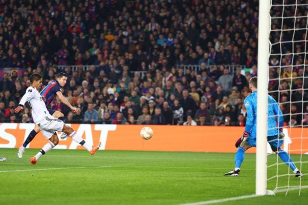 Mandatory Credit: Photo by Simon Dael Shutterstock (13765759p) Robert Lewandowski of Barcelona with a shot on goal Barcelona v Manchester United, ManU UEFA Europa League, Play-Off Round, First Leg, Football, Camp Nou, Barcelona, Spain - 16 Feb 2023 EDITORIAL USE ONLY No use with unauthorised audio, video, data, fixture lists, club league logos or live services. Online in-match use limited to 120 images, no video emulation. No use in betting, games or single club league player publications. Barcelona v Manchester United, UEFA Europa League, Play-Off Round, First Leg, Football, Camp Nou, Barcelona, Spain - 16 Feb 2023 EDITORIAL USE ONLY No use with unauthorised audio, video, data, fixture lists, club league logos or live services. Online in-match use limited to 120 images, no video emulation. No use in betting, games or single club league player publications. Copyright: xSimonxDael Shutterstockx 13765759p