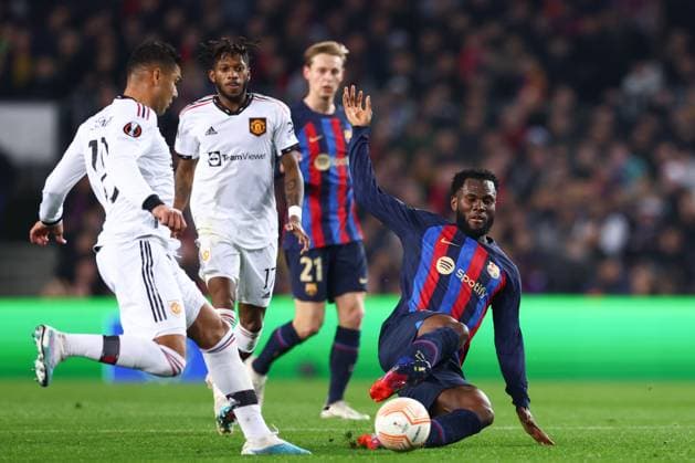 Mandatory Credit: Photo by Simon Dael Shutterstock (13765759ab) Jordi Alba of Barcelona and Casemiro of Manchester United, ManU battle for the ball Barcelona v Manchester United, UEFA Europa League, Play-Off Round, First Leg, Football, Camp Nou, Barcelona, Spain - 16 Feb 2023 EDITORIAL USE ONLY No use with unauthorised audio, video, data, fixture lists, club league logos or live services. Online in-match use limited to 120 images, no video emulation. No use in betting, games or single club league player publications. Barcelona v Manchester United, UEFA Europa League, Play-Off Round, First Leg, Football, Camp Nou, Barcelona, Spain - 16 Feb 2023 EDITORIAL USE ONLY No use with unauthorised audio, video, data, fixture lists, club league logos or live services. Online in-match use limited to 120 images, no video emulation. No use in betting, games or single club league player publications. Copyright: xSimonxDael Shutterstockx 13765759ab