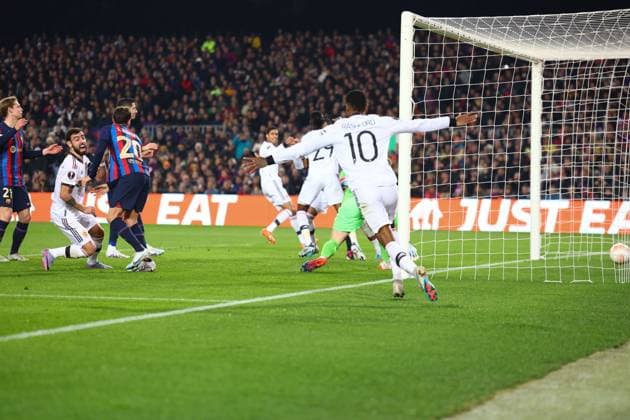 Mandatory Credit: Photo by Simon Dael Shutterstock (13765759ao) Marcus Rashford of Manchester United, ManU and Bruno Fernandes of Manchester United celebrate after Jules Kounde of Barcelona scored an own goal Barcelona v Manchester United, UEFA Europa League, Play-Off Round, First Leg, Football, Camp Nou, Barcelona, Spain - 16 Feb 2023 EDITORIAL USE ONLY No use with unauthorised audio, video, data, fixture lists, club league logos or live services. Online in-match use limited to 120 images, no video emulation. No use in betting, games or single club league player publications. Barcelona v Manchester United, UEFA Europa League, Play-Off Round, First Leg, Football, Camp Nou, Barcelona, Spain - 16 Feb 2023 EDITORIAL USE ONLY No use with unauthorised audio, video, data, fixture lists, club league logos or live services. Online in-match use limited to 120 images, no video emulation. No use in betting, games or single club league player publications. Copyright: xSimonxDael Shutterstockx 13765759ao