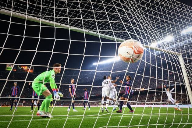 Mandatory Credit: Photo by Simon Dael Shutterstock (13765759au) Jules Kounde of Barcelona scores an own goal (1-2) Barcelona v Manchester United, ManU UEFA Europa League, Play-Off Round, First Leg, Football, Camp Nou, Barcelona, Spain - 16 Feb 2023 EDITORIAL USE ONLY No use with unauthorised audio, video, data, fixture lists, club league logos or live services. Online in-match use limited to 120 images, no video emulation. No use in betting, games or single club league player publications. Barcelona v Manchester United, UEFA Europa League, Play-Off Round, First Leg, Football, Camp Nou, Barcelona, Spain - 16 Feb 2023 EDITORIAL USE ONLY No use with unauthorised audio, video, data, fixture lists, club league logos or live services. Online in-match use limited to 120 images, no video emulation. No use in betting, games or single club league player publications. Copyright: xSimonxDael Shutterstockx 13765759au