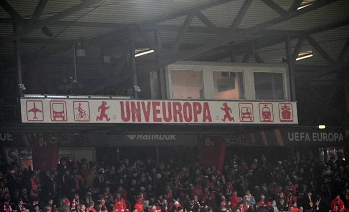 Football, men, 2022 2023 season, Europa League, play offs to the round of 16, second leg , 1 FC Union Berlin Ajax Amsterdam, UNVEUROPA, the European Cup slogan of Union above the fans of the back straight, 23 02 2022, Copyright: xMatthiasxKochx