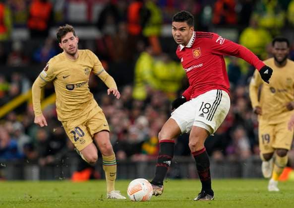 Manchester, England, 23rd February 2023. Casemiro of Manchester United, ManU in action during the UEFA Europa League match at Old Trafford, Manchester. Picture credit should read: Andrew Yates Sportimage EDITORIAL USE ONLY. No use with unauthorised audio, video, data, fixture lists, club league logos or live services. Online in-match use limited to 120 images, no video emulation. No use in betting, games or single club league player publications. SPI-2256-0079