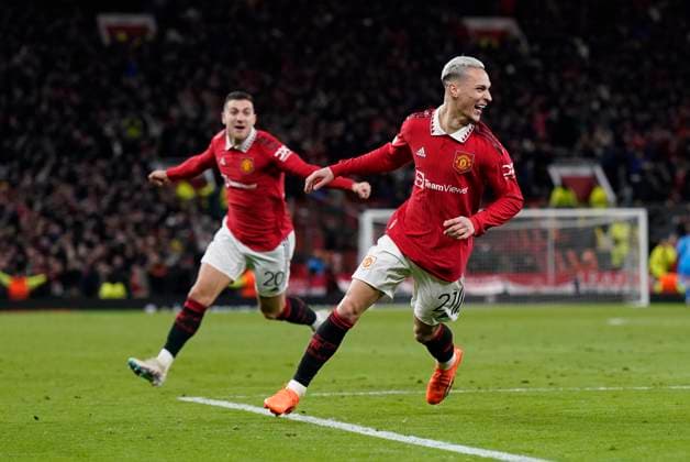 Manchester, England, 23rd February 2023. Antony of Manchester United, ManU (r) celebrates scoring their second goal of the night during the UEFA Europa League match at Old Trafford, Manchester. Picture credit should read: Andrew Yates Sportimage EDITORIAL USE ONLY. No use with unauthorised audio, video, data, fixture lists, club league logos or live services. Online in-match use limited to 120 images, no video emulation. No use in betting, games or single club league player publications. SPI-2256-0093