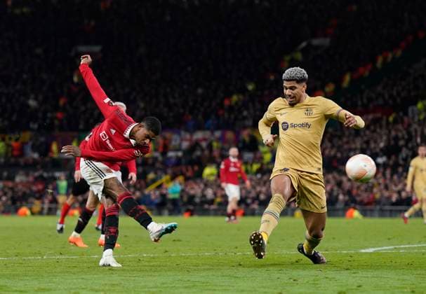 Manchester, England, 23rd February 2023. Marcus Rashford of Manchester United, ManU shoots into the side netting during the UEFA Europa League match at Old Trafford, Manchester. Picture credit should read: Andrew Yates Sportimage EDITORIAL USE ONLY. No use with unauthorised audio, video, data, fixture lists, club league logos or live services. Online in-match use limited to 120 images, no video emulation. No use in betting, games or single club league player publications. SPI-2256-0097