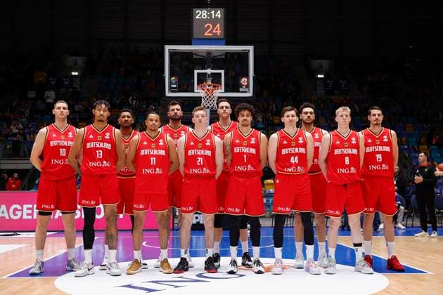 Team photo front row from left Jason George Germany, 13 , Nelson Weidemann Germany, 11 , Justus Hollatz Germany, 21 , Joshua Obiesie Germany, 1 , David Kraemer Germany, 44 and Jacob Patrick Germany, 8 back row from left Jonas Richter Germany, 10 , Karim Jallow Germany, 35 , Leon Kratzer Germany, 34 , Johannes Voigtmann Germany, 7 , Gavin Schilling Germany, 33 and Lukas Wank Germany, 19 24 02 2023, Germany vs Sweden, FIBA Basketball, World Cup Qualifiers, Germany, Frankfurt, Suewag Energie Arena Copyright: HMBxMedia xHeikoxBecker