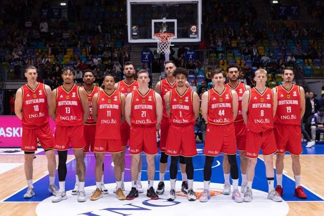 Germany Sweden, World Cup Qualifying German National Teamscht From left Jonas Richter Germany, 10 , Jason George Germany, 1 , Karim Jallow Germany, 35 , Nelson Weidemann Germany, 11 , Leon Kratzer Germany, 34 , Justus Hollatz Germany, 21 , Johannes Voigtmann Germany, 7 , Joshua Obiesie Germany, 1 , David Krämer Germany, 44 , Gavin Schilling Germany, 33 , Jacob Patrick Germany, 8 and Lukas Wank Germany, 19 Basketball World Cup qualifying match between Germany and Sweden on February 24, 2023 at Süwag Energie ARENA in Frankfurt am Main , Frankfurt am Main Hesse Germany Süwag Energie ARENA