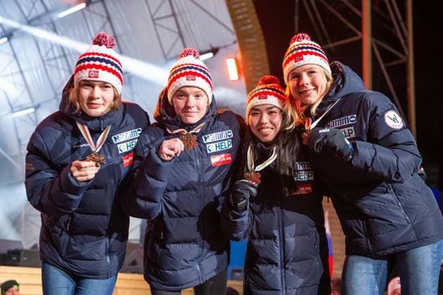 NORDIC SKIING - FIS Nordic WC Planica 2023 KRANJSKA GORA,SLOVENIA,25.FEB.23 - NORDIC SKIING, Ski jumping, Skispringen, Ski, nordisch - FIS Nordic World Ski Championships, medal plaza, award ceremony. Image shows Anna Odine Stroem, Eirin Maria Kvandal, Thea Minyan Bjoerseth and Maren Lundby (NOR). GEPAxpictures xGintarexKarpaviciute