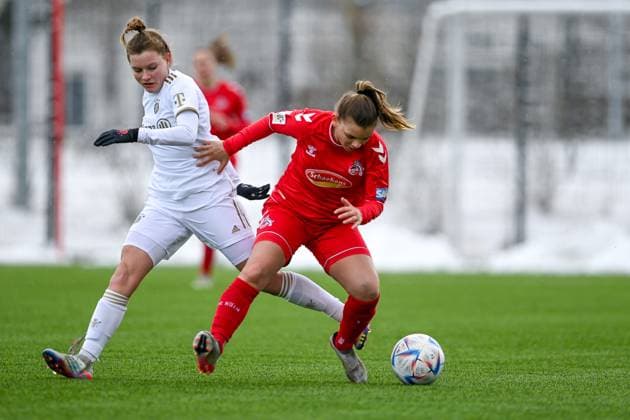 v li Sarah Ernst FCB, 13 Antonia Langshausen Cologne, 2 in duel, duel, tackle, dynamic, action, action, 26 02 2023, Munich Germany , Football,2 Women Bundesliga, FC Bayern Munich II 1 FC Cologne II, DFB DFL REGULATIONS PROHIBIT ANY USE OF PHOTOGRAPHS AS IMAGE SEQUENCES AND OR QUASI VIDEO xslx