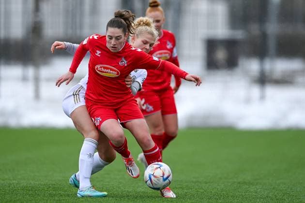 v li Fiona Gaißer FCB, 22 Leonie Krump Cologne, 6 in duel, duel, tackle, dynamics, action, action, 26 02 2023, Munich Germany , Football,2 Women Bundesliga, FC Bayern Munich II 1 FC Cologne II, DFB DFL REGULATIONS PROHIBIT ANY USE OF PHOTOGRAPHS AS IMAGE SEQUENCES AND OR QUASI VIDEO xslx