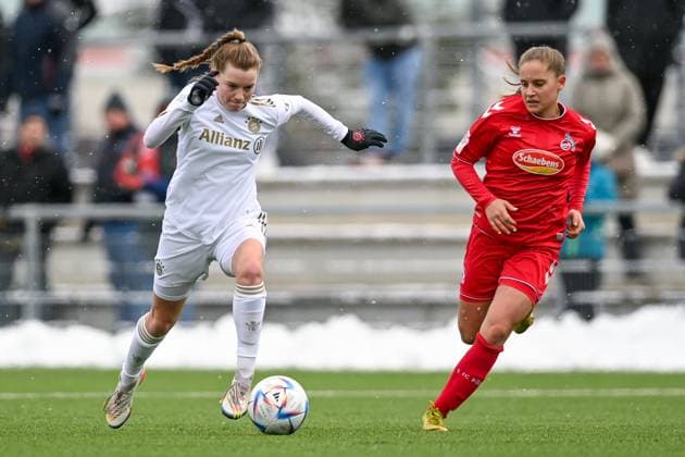 v li Sarah Ernst FCB, 13 Lilith Schmidt Cologne, 13 in duel, duel, tackle, dynamic, action, action, 26 02 2023, Munich Germany , Football,2 Women Bundesliga, FC Bayern Munich II 1 FC Cologne II, DFB DFL REGULATIONS PROHIBIT ANY USE OF PHOTOGRAPHS AS IMAGE SEQUENCES AND OR QUASI VIDEO xslx