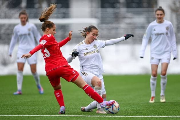 v li Lilith Schmidt Cologne, 13 Amelie Schuster FCB, 8 in duel, duel, tackle, dynamic, action, action, 26 02 2023, Munich Germany , Football,2 Women Bundesliga, FC Bayern Munich II 1 FC Cologne II, DFB DFL REGULATIONS PROHIBIT ANY USE OF PHOTOGRAPHS AS IMAGE SEQUENCES AND OR QUASI VIDEO xslx