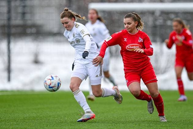 v li Sarah Ernst FCB, 13 Antonia Langshausen Cologne, 2 in duel, duel, tackle, dynamic, action, action, 26 02 2023, Munich Germany , Football,2 Women Bundesliga, FC Bayern Munich II 1 FC Cologne II, DFB DFL REGULATIONS PROHIBIT ANY USE OF PHOTOGRAPHS AS IMAGE SEQUENCES AND OR QUASI VIDEO xslx