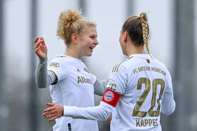 v li Fiona Gaißer FCB, 22 Jana Kappes FCB, 20 with goal celebration, cheering, goal celebration, celebrate the goal, goal, celebration, cheering about the goal to 2 0 by Fiona Gaißer FCB, 22 , optimistic, Action, Action, 26 02 2023, Munich Germany , Football,2 Women Bundesliga, FC Bayern München II 1 FC Köln II, DFB DFL REGULATIONS PROHIBIT ANY USE OF PHOTOGRAPHS AS IMAGE SEQUENCES AND OR QUASI VIDEO xslx