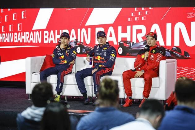 VERSTAPPEN Max (ned), Red Bull Racing RB19, portrait PEREZ Sergio (mex), Red Bull Racing RB19, portrait LECLERC Charles (mco), Scuderia Ferrari SF-23, portrait press conference, PK, Pressekonferenz during the Formula 1 Gulf Air Bahrain Grand Prix 2023, 1st round of the 2023 FIA Formula One World Championship, WM, Weltmeisterschaft from March 2 3 to 5, 2023 on the Bahrain International Circuit, in Sakhir, Bahrain - F1 - BAHRAIN GRAND PRIX 2023 DPPI Panoramic 00123002__R3_0794A