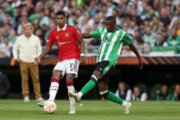 Mandatory Credit: Photo by Paul Currie Shutterstock (13820133ab) Marcus Rashford of Manchester United, ManU and William Carvalho of Real Betis Real Betis v Manchester United, UEFA Europa League, Round of 16, Second Leg, Football, Benito Villamarin Stadium, Seville, Spain - 16 Mar 2023 EDITORIAL USE ONLY No use with unauthorised audio, video, data, fixture lists, club league logos or live services. Online in-match use limited to 120 images, no video emulation. No use in betting, games or single club league player publications. Real Betis v Manchester United, UEFA Europa League, Round of 16, Second Leg, Football, Benito Villamarin Stadium, Seville, Spain - 16 Mar 2023 EDITORIAL USE ONLY No use with unauthorised audio, video, data, fixture lists, club league logos or live services. Online in-match use limited to 120 images, no video emulation. No use in betting, games or single club league player publications. Copyright: xPaulxCurrie Shutterstockx 13820133ab