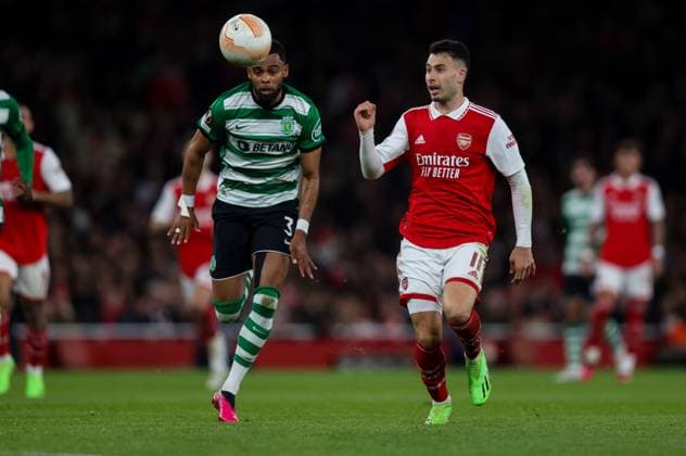 Mandatory Credit: Photo by Andrew Fosker Shutterstock (13820215ad) Gabriel Martinelli of Arsenal battles with Jerry St. Juste of Sporting Arsenal v Sporting Lisbon, UEFA Europa League, Round of 16, Second Leg, Football, Emirates Stadium, London, UK - 16 Mar 2023 EDITORIAL USE ONLY No use with unauthorised audio, video, data, fixture lists, club league logos or live services. Online in-match use limited to 120 images, no video emulation. No use in betting, games or single club league player publications. Arsenal v Sporting Lisbon, UEFA Europa League, Round of 16, Second Leg, Football, Emirates Stadium, London, UK - 16 Mar 2023 EDITORIAL USE ONLY No use with unauthorised audio, video, data, fixture lists, club league logos or live services. Online in-match use limited to 120 images, no video emulation. No use in betting, games or single club league player publications. Copyright: xAndrewxFosker Shutterstockx 13820215ad