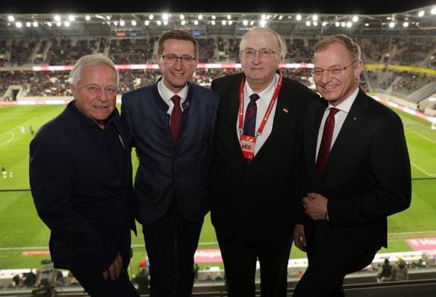 SOCCER - UEFA EURO, EM, Europameisterschaft,Fussball 2024 Quali, AUT vs EST LINZ,AUSTRIA,27.MAR.23 - SOCCER - European Qualifiers 2024, OEFB international match, Länderspiel, Nationalmannschaft Austria vs Estland. Image shows Leo Windtner, sports provincial councilor Markus Achleitner (OOE), president Johann Gartner (OEFB) and governor Thomas Stelzer (OOE). GEPAxpictures xWalterxLuger