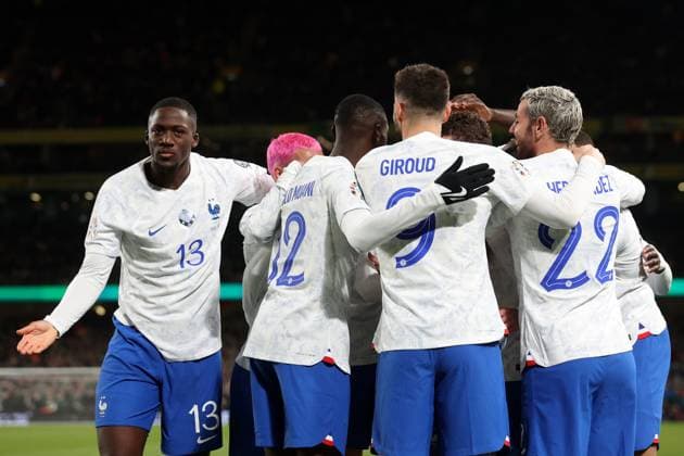 Mandatory Credit: Photo by Paul Greenwood Shutterstock (13847018w) France players celebrate the opening goal scored by Benjamin Pavard to make the score 0-1 Republic of Ireland v France, UEFA European Championship, EM, Europameisterschaft 2024 Qualifying, Group B, Football, Aviva Stadium, Dublin, Ireland - 27 Mar 2023 EDITORIAL USE ONLY No use with unauthorised audio, video, data, fixture lists, club league logos or live services. Online in-match use limited to 120 images, no video emulation. No use in betting, games or single club league player publications. Republic of Ireland v France, UEFA European Championship 2024 Qualifying, Group B, Football, Aviva Stadium, Dublin, Ireland - 27 Mar 2023 EDITORIAL USE ONLY No use with unauthorised audio, video, data, fixture lists, club league logos or live services. Online in-match use limited to 120 images, no video emulation. No use in betting, games or single club league player publications. Copyright: xPaulxGreenwood Shutterstockx 13847018w