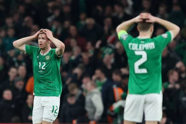 Mandatory Credit: Photo by Paul Greenwood Shutterstock (13847018ab) Reaction from Nathan Collins and Seamus Coleman of Republic of Ireland after France Goalkeeper Mike Maignan denies Ireland a chance to score Republic of Ireland v France, UEFA European Championship, EM, Europameisterschaft 2024 Qualifying, Group B, Football, Aviva Stadium, Dublin, Ireland - 27 Mar 2023 EDITORIAL USE ONLY No use with unauthorised audio, video, data, fixture lists, club league logos or live services. Online in-match use limited to 120 images, no video emulation. No use in betting, games or single club league player publications. Republic of Ireland v France, UEFA European Championship 2024 Qualifying, Group B, Football, Aviva Stadium, Dublin, Ireland - 27 Mar 2023 EDITORIAL USE ONLY No use with unauthorised audio, video, data, fixture lists, club league logos or live services. Online in-match use limited to 120 images, no video emulation. No use in betting, games or single club league player publications. Copyright: xPaulxGreenwood Shutterstockx 13847018ab
