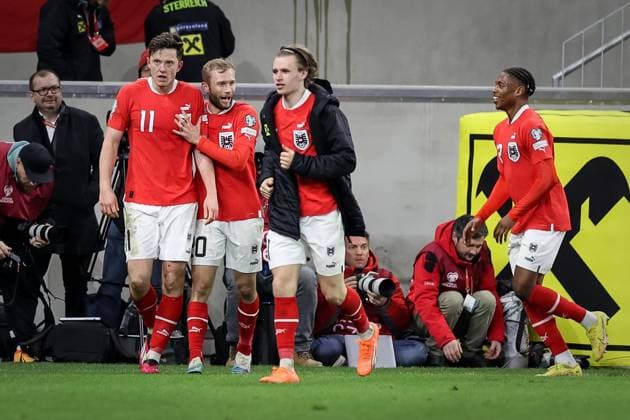 SOCCER - UEFA EURO, EM, Europameisterschaft,Fussball 2024 Quali, AUT vs EST LINZ,AUSTRIA,27.MAR.23 - SOCCER - European Qualifiers 2024, OEFB international match, Länderspiel, Nationalmannschaft Austria vs Estland. Image shows the rejoicing of Michael Gregoritsch, Konrad Laimer and Patrick Wimmer (AUT). GEPAxpictures xManfredxBinder