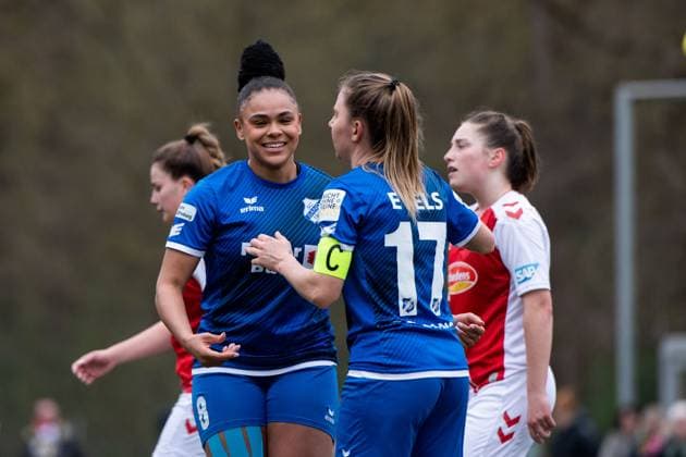 Michelle Klostermann (SC Sand, 08), Emily Evels (SC Sand, 17) jubeln ueber das Tor zum 1:1, GER, 1. FC Koeln U20 vs. SC Sand, Fussball Frauen 2. Bundesliga, 19. Spieltag, Spielzeit 2022 2023, 02.04.2023 GER, 1. FC Koeln U20 vs. SC Sand, Fussball Frauen 2. Bundesliga, 19. Spieltag, Spielzeit 2022 2023, 02.04.2023 Koeln Copyright: xEibner Memmlerx EP_MMR