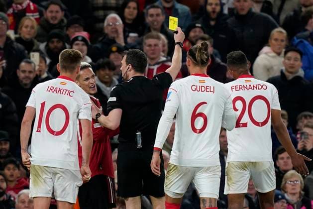 Manchester, England, 13th April 2023. Antony of Manchester United, ManU his shown a yellow card during the UEFA Europa League match at Old Trafford, Manchester. Picture credit should read: Andrew Yates Sportimage EDITORIAL USE ONLY. No use with unauthorised audio, video, data, fixture lists, club league logos or live services. Online in-match use limited to 120 images, no video emulation. No use in betting, games or single club league player publications. SPI-2367-0063