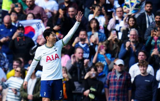 Mandatory Credit: Photo by Javier Garcia Shutterstock (13869888p) Son Heung-Min of Tottenham Hotspur celebrates scoring the opening goal Tottenham Hotspur v AFC Bournemouth, Premier League, Football, Tottenham Hotspur Stadium, London, UK - 15 Apr 2023 EDITORIAL USE ONLY No use with unauthorised audio, video, data, fixture lists, club league logos or live services. Online in-match use limited to 120 images, no video emulation. No use in betting, games or single club league player publications. Tottenham Hotspur v AFC Bournemouth, Premier League, Football, Tottenham Hotspur Stadium, London, UK - 15 Apr 2023 EDITORIAL USE ONLY No use with unauthorised audio, video, data, fixture lists, club league logos or live services. Online in-match use limited to 120 images, no video emulation. No use in betting, games or single club league player publications. Copyright: xJavierxGarcia Shutterstockx 13869888p