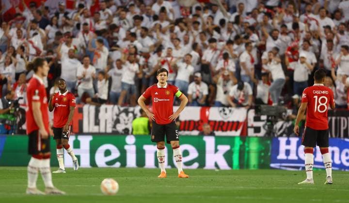 Mandatory Credit: Photo by Kieran McManus Shutterstock (13873490ac) Harry Maguire of Manchester United, ManU shows a look of dejection after Yousseff En-Nesyri of Sevilla scores a goal to make the score 1-0 Sevilla v Manchester United, UEFA Europa League, Quarter-Final, Second Leg, Football, Ramon Sanchez-Pizjuan Stadium, Seville, Spain - 20 Apr 2023 Sevilla v Manchester United, UEFA Europa League, Quarter-Final, Second Leg, Football, Ramon Sanchez-Pizjuan Stadium, Seville, Spain - 20 Apr 2023 Copyright: xKieranxMcManus Shutterstockx 13873490ac