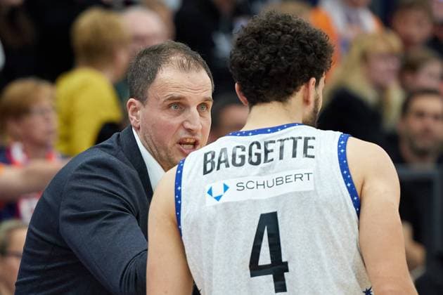 Nikola Markovic Crailsheim, Head Coach , Elias Baggette Crailsheim, 4 , Syntainics MBC vs HARKO Merlins Crailsheim, Basketball, Men, 34 Match Day, 2022 2023, 07 05 2023, Syntainics MBC vs HARKO Merlins Crailsheim, Basketball, Men, 34 Match Day, 2022 2023, 07 05 2023, Weissenfels. Copyright: xEibner-Pressefoto EckehardxSchulzx ep_eer