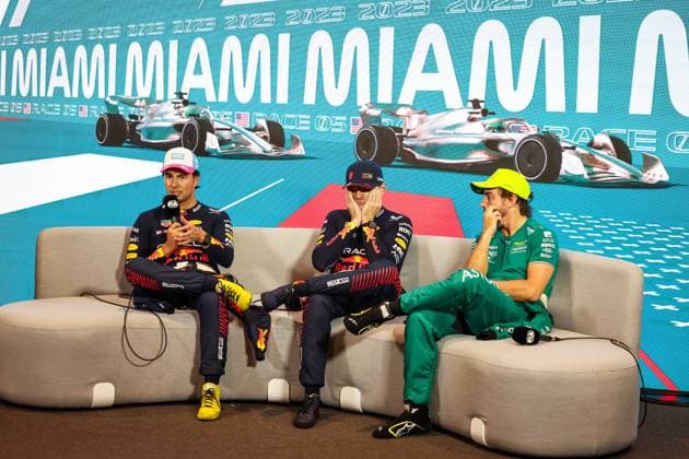 PEREZ Sergio (mex), Red Bull Racing RB19, VERSTAPPEN Max (ned), Red Bull Racing RB19, ALONSO Fernando (spa), Aston Martin F1 Team AMR23, portrait during the Formula 1 Crypto.com Miami Grand Prix 2023, 5th round of the 2023 Formula One World Championship, WM, Weltmeisterschaft from May 05 to 07, 2023 on the Miami International Autodrome, in Miami Gardens, Florida, United States of America - F1 - MIAMI GRAND PRIX 2023 - RACE DPPI Panoramic 20230508_GOOD9201