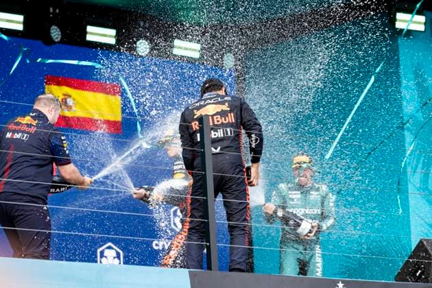May 7, 2023, Miami, Florida, USA: SERGIO PEREZ (MEX) of Red Bull Racing 11, MAX VERSTAPPEN (NED) of Red Bull Racing 1 and FERNANDO ALONSO (SPA) of Aston Martin 14 celebrate on the podium. Max Verstappen won the Formula 1 Crypto.com Miami Grand Prix after besting teammate Sergio Perez, who finished second. Fernando Alonso of Aston Martin made the podium, finishing P3. Red Bull Oracle Racing s Max Verstappen maintains his dominance over the 2023 season. Motorsports, open wheel racing, Liberty Media, F1. Miami USA - ZUMAb177 20230507_zap_b177_030 Copyright: xTaidghxBarronx
