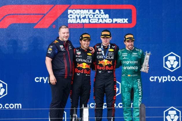 podium ALONSO Fernando (spa), Aston Martin F1 Team AMR23, VERSTAPPEN Max (ned), Red Bull Racing RB19, PEREZ Sergio (mex), Red Bull Racing RB19, portrait during the Formula 1 Crypto.com Miami Grand Prix 2023, 5th round of the 2023 Formula One World Championship, WM, Weltmeisterschaft from May 05 to 07, 2023 on the Miami International Autodrome, in Miami Gardens, Florida, United States of America - F1 - MIAMI GRAND PRIX 2023 - RACE DPPI Panoramic 00122011_AV3_4407