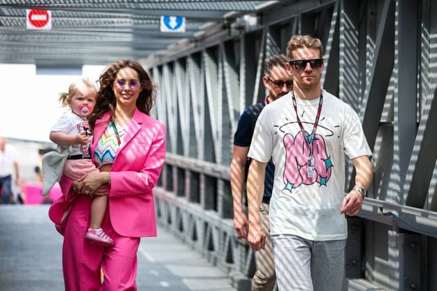 HULKENBERG Nico (ger), Haas F1 Team VF-23 Ferrari, with his wife Eglė Ruškytė, Lithuanian fashion designer, and their daughter Noemi Sky, in the paddock, during the Formula 1 Grand Prix de Monaco 2023, 6th round of the 2023 Formula One World Championship, WM, Weltmeisterschaft from May 26 to 28, 2023 on the Circuit de Monaco, in Monaco - F1 - MONACO GRAND PRIX 2023 DPPI Panoramic 20230525_G0OD9466