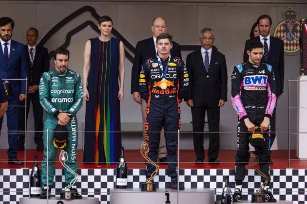 Podium, ALONSO Fernando (spa), Aston Martin F1 Team AMR23, VERSTAPPEN Max (ned), Red Bull Racing RB19, OCON Esteban (fra), Alpine F1 Team A523, portrait during the Formula 1 Grand Prix de Monaco 2023, 6th round of the 2023 Formula One World Championship, WM, Weltmeisterschaft from May 26 to 28, 2023 on the Circuit de Monaco, in Monaco - F1 - MONACO GRAND PRIX 2023 - RACE DPPI Panoramic 00123013__DE_6967