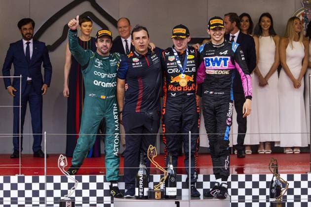 Podium, ALONSO Fernando (spa), Aston Martin F1 Team AMR23, VERSTAPPEN Max (ned), Red Bull Racing RB19, OCON Esteban (fra), Alpine F1 Team A523, portrait during the Formula 1 Grand Prix de Monaco 2023, 6th round of the 2023 Formula One World Championship, WM, Weltmeisterschaft from May 26 to 28, 2023 on the Circuit de Monaco, in Monaco - F1 - MONACO GRAND PRIX 2023 - RACE DPPI Panoramic 00123013__DE_7071