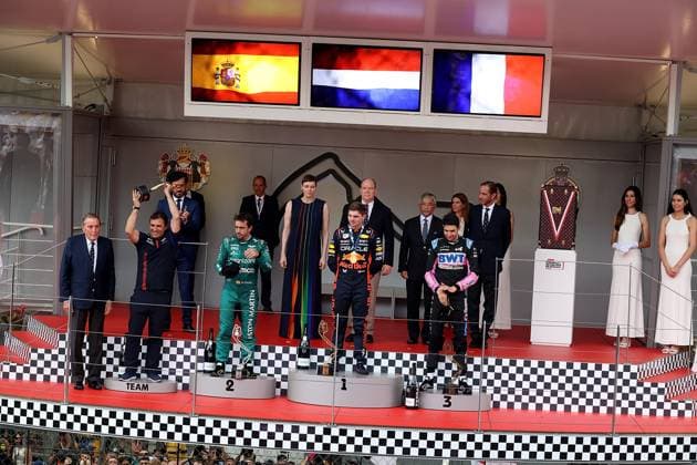 Formula 1 Grand Prix Monaco 2023 28 05 2023, Circuit de Monaco, Monte Carlo, Formula 1 Grand Prix Monaco 2023 ,in picture podium l to r back row FIA President Mohammed bin Sulayem, Charlene Lynette Grimaldi, Princess of Monaco, Prince Albeert II of Monaco front row Pierre Wache FRA Red Bull Racing Technical Director, Fernando Alonso from Spain from Team Aston Martin, Max Verstappen from the Netherlands from Team Oracle Red Bull, Esteban Ocon from France from Team Alpine nordphotoxGmbHx xBratic nph00250